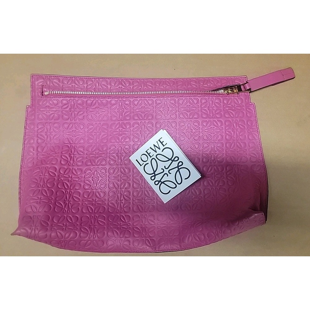 LOEWE Anagram Embossed Leather Flat Clutch Bag Pink NWOT w/ Original Care Manual